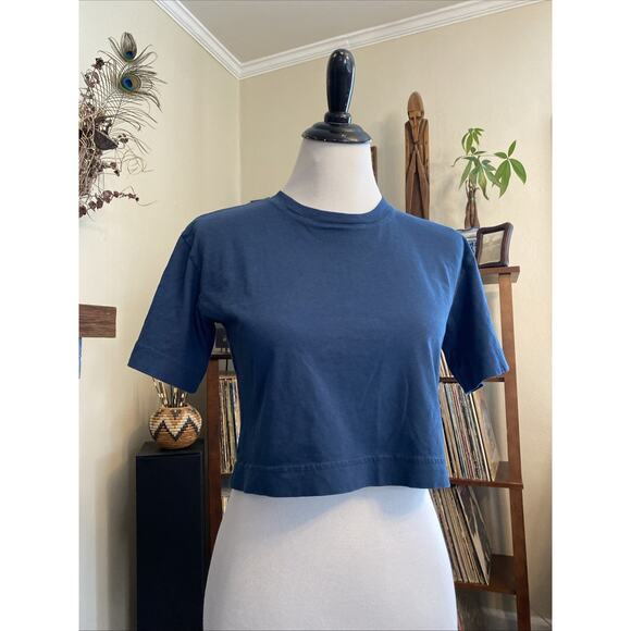 Everlane XXS 100% Organic Cotton Crop Boxy Tee Navy Blue Minimalist Basic - Picture 5 of 10